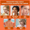 Eine orangefarbene Grafik mit dem Text „Astaxanthin hilft, oxidativen Stress durch freie Radikale zu reduzieren.“ Darunter befinden sich fünf Bilder, die Frauen mit verschiedenen Hautproblemen zeigen: Falten, fahler und ungleichmäßiger Hautton, dunkle Flecken, Sonnenbrand und schlaffe Haut.