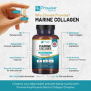 Eine Infografik, die die Vorteile von Prowise Marine Collagen aufzeigt: UK-Herstellung, verantwortungsvolle Beschaffung, leicht schluckbare Kapseln, hydrolysiertes Typ-1-Kollagen, GVO-freie Inhaltsstoffe, keine künstlichen Farb- oder Geschmacksstoffe, und Premium-Inhaltsstoffe.