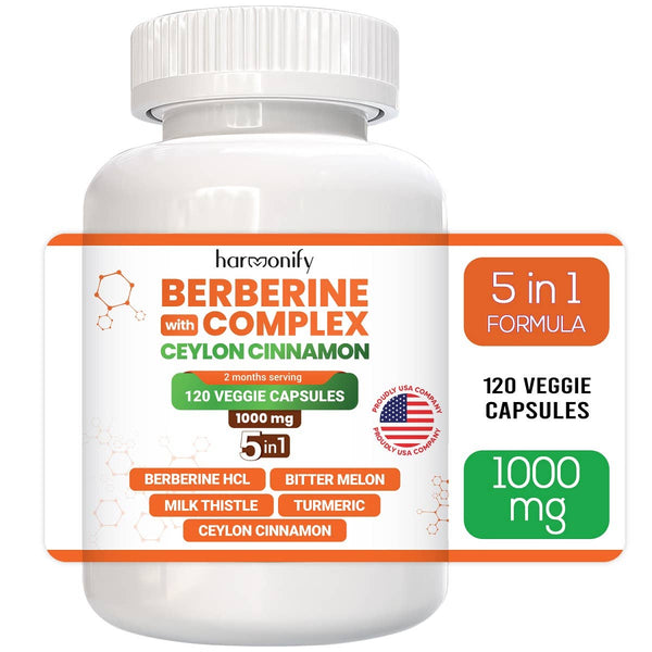 HARMONIFY Berberine with Ceylon Cinnamon, Pure Turmeric, Milk Thistle &amp; Bitter Melon, 5-in-1 Formula, 120 Purified Vegetable Capsules 1000 mg | Gluten-Free, Non-GMO