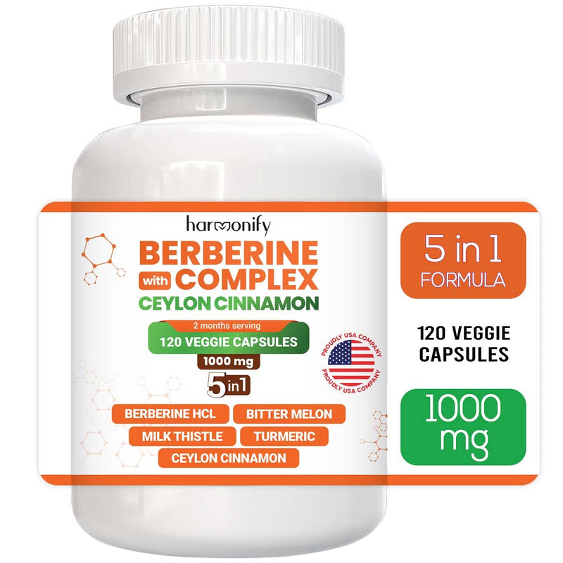 HARMONIFY Berberine with Ceylon Cinnamon, Pure Turmeric, Milk Thistle &amp; Bitter Melon, 5-in-1 Formula, 120 Purified Vegetable Capsules 1000 mg | Gluten-Free, Non-GMO