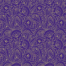 Ein detailliertes, nahtloses Wiederholungsmuster für Stoff oder Tapete mit einem verzierten botanischen/Paisley-Design. Die feingliedrigen Verzierungen sind in gold-/hellbeigen Linien auf einem einfarbigen, tiefvioletten Hintergrund gezeichnet.