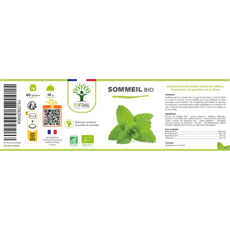 Bioptimal Sommeil Bio Etikett mit 60 Kapseln, 18g, Bio-Zertifizierung, Zutaten (Melisse, Eschscholzia, Passionsblume, Linde), Anwendungshinweisen und französischer Herkunft.