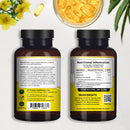 : Zwei Prowise Vegan Evening Primrose Oil Flaschen, die Rückseiten zeigen Nährwertangaben, Anweisungen, Warnhinweise und Recyclinginformationen, vor einem Hintergrund mit gelben Blüten und Öl-Softgels.