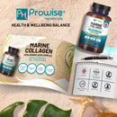 Zwei Flaschen Prowise Marine Collagen Hyaluronsäure Komplex auf einem sandigen Strandhintergrund mit Muscheln und Blättern, umgeben von Informationsfeldern, die die Vorteile und Eigenschaften des Produkts hervorheben.