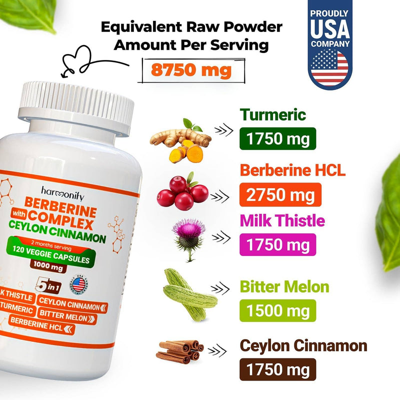 HARMONIFY Berberine with Ceylon Cinnamon, Pure Turmeric, Milk Thistle &amp; Bitter Melon, 5-in-1 Formula, 120 Purified Vegetable Capsules 1000 mg | Gluten-Free, Non-GMO