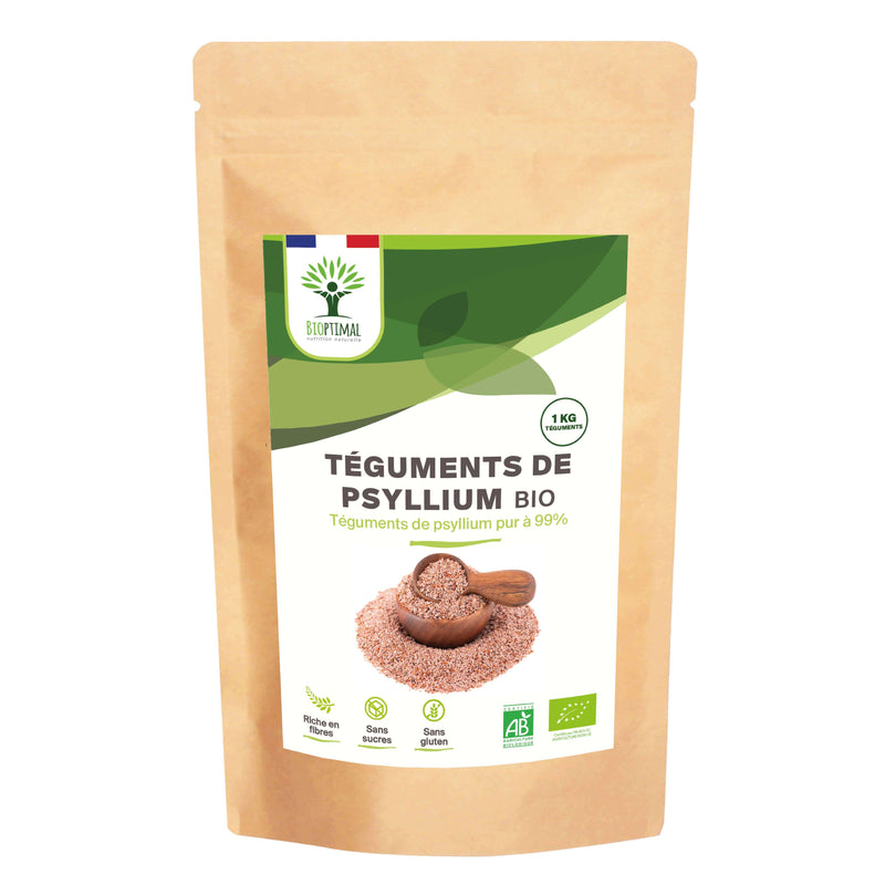 Brauner Beutel Bioptimal Bio Psyllium-Tegumente (1 kg), reich an Ballaststoffen, zucker- und glutenfrei, mit AB-Bio-Siegel.