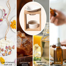 Eine vierteilige Collage, die verschiedene Raumduftprodukte darstellt: ein duftendes Wachs-Fondant, eine Aromalampe aus Bambus, Harz-Räucherwerk und Duftöl/ätherisches Öl.