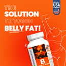 Eine orangefarbene Grafik mit dem Text „THE SOLUTION TO TORCH BELLY FAT!“, einer Produktflasche mit dem Etikett „block n burn“ und dem Umriss einer Frau, die ihre Taille berührt. Oben rechts steht der Text „PROUDLY USA COMPANY“ mit einer amerikanischen Flagge.