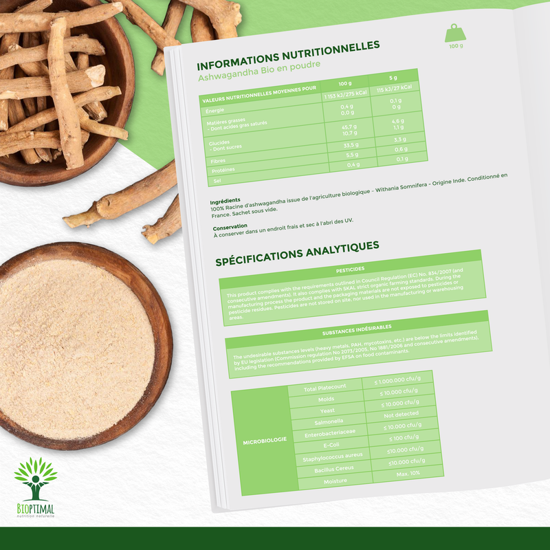 Nährwert- und Analyseinformationen für 'Ashwagandha Bio'-Pulver auf einem Dokument, umgeben von Ashwagandha-Wurzeln und Pulver in Schalen, mit Details zu Zutaten, Mikrobiologie und Pestizidkonformität.