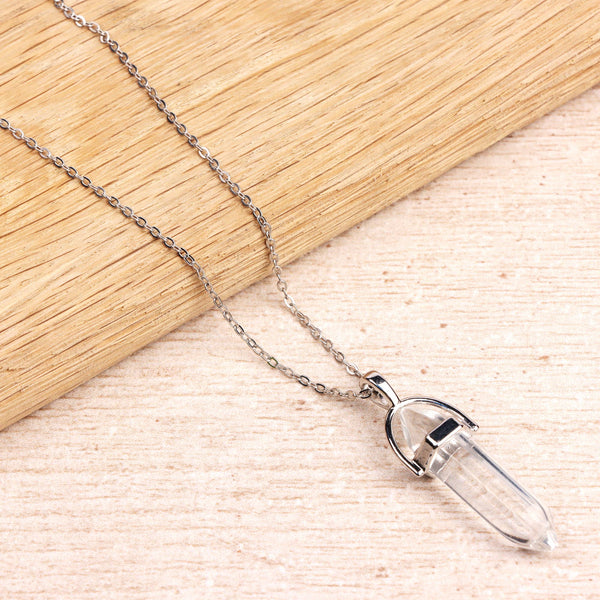 Silver-plated necklace — transparent quartz pendant