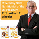 Ein Porträt von Professor William E. Wheeler, einem Ernährungswissenschaftler des US-Präsidenten, neben zwei Packungen „Shake It Take It“ Mahlzeitenersatz-Shakes in Schokoladen- und Vanillegeschmack.