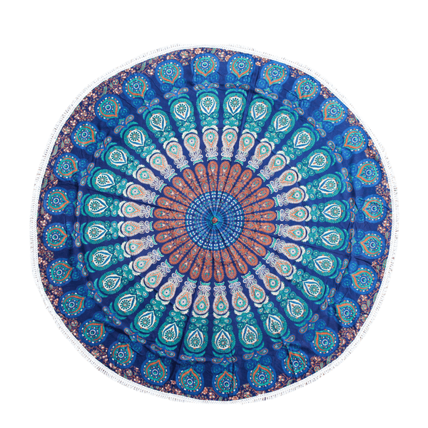 Toile ronde « Mandala Bleu » avec pompons en coton 180 cm