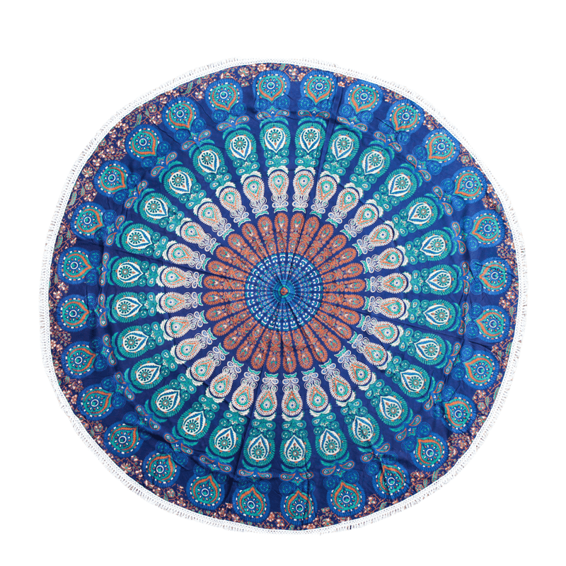 Runde Leinwand „Blue Mandala“ mit Baumwollquasten 180cm