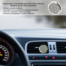 Auto-Diffusor-Clip mit Blume des Lebens-Muster an einem Lüftungsschlitz im Auto befestigt, mit begleitendem französischem Werbetext.