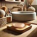 Ein rosa Himalaya-Salzseifenstück liegt auf einer minimalistischen Holzablage auf einem Waschtisch in einem ruhigen Badezimmer mit Holzdekor.