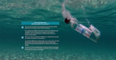 Eine Werbegrafik für Meerwasser-Plasma, die eine im Wasser schwebende Flasche mit Informationen über die Qualität und Produktion zeigt.